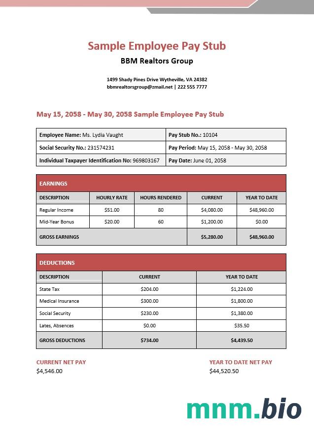 BBM realtors group pracownik pay stub w formacie PDF i Word